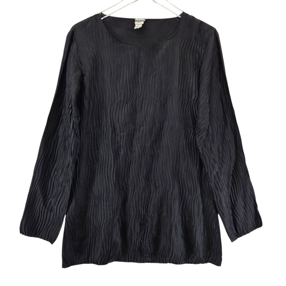 Moschino Couture Silk Tunic Mini Dress Womens 6 Black Crinkled Long Sleeves Luxe